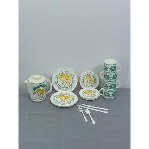 Vintage Plastic Kids Dish Set With Plates & Utensils